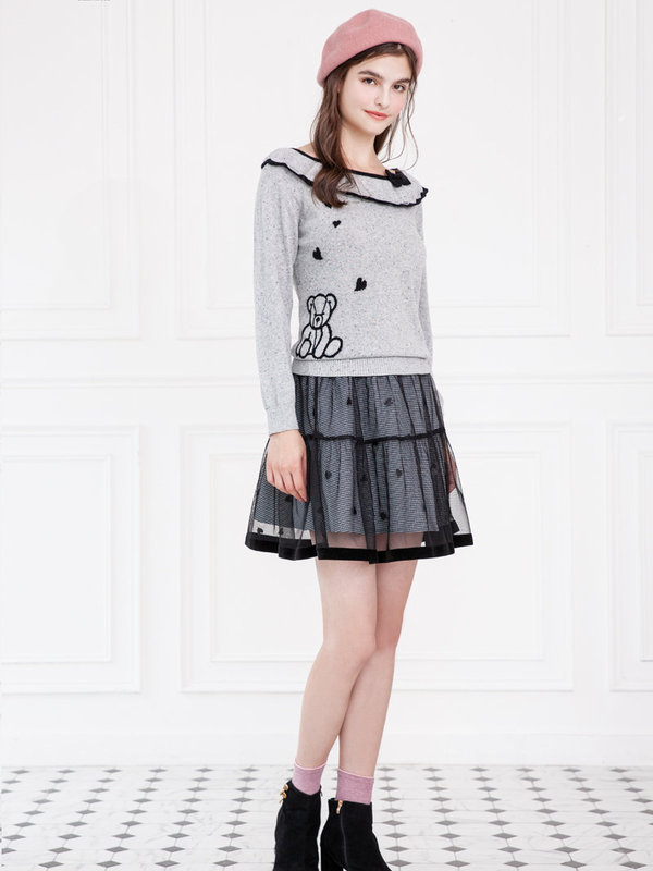 抽縐愛心網紗格裙