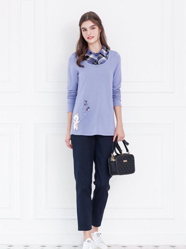 假兩件格紋領棉質上衣