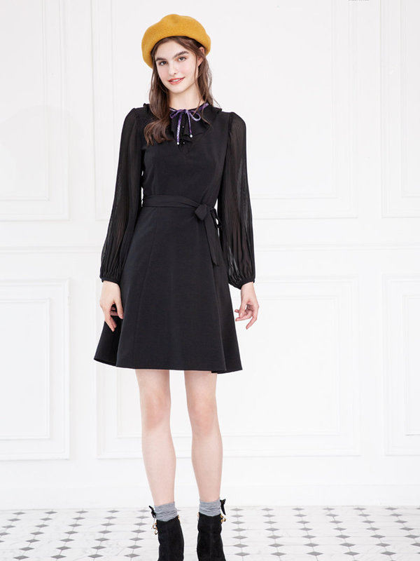 細褶雪紡袖蝴蝶結洋裝