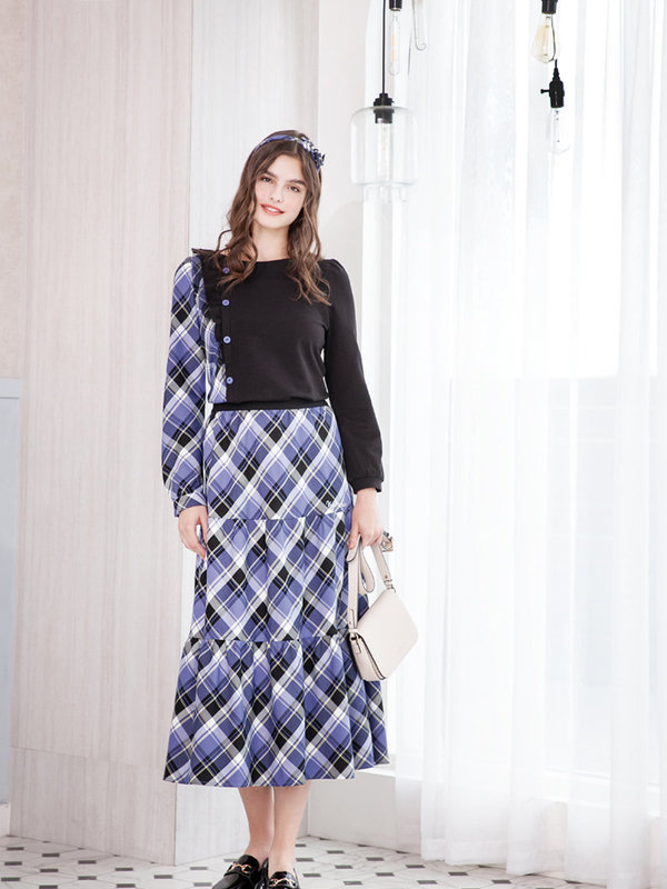 右剪接格布長袖棉質上衣