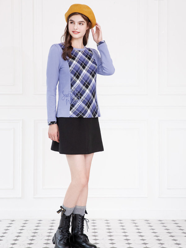 中間拼接格棉質上衣