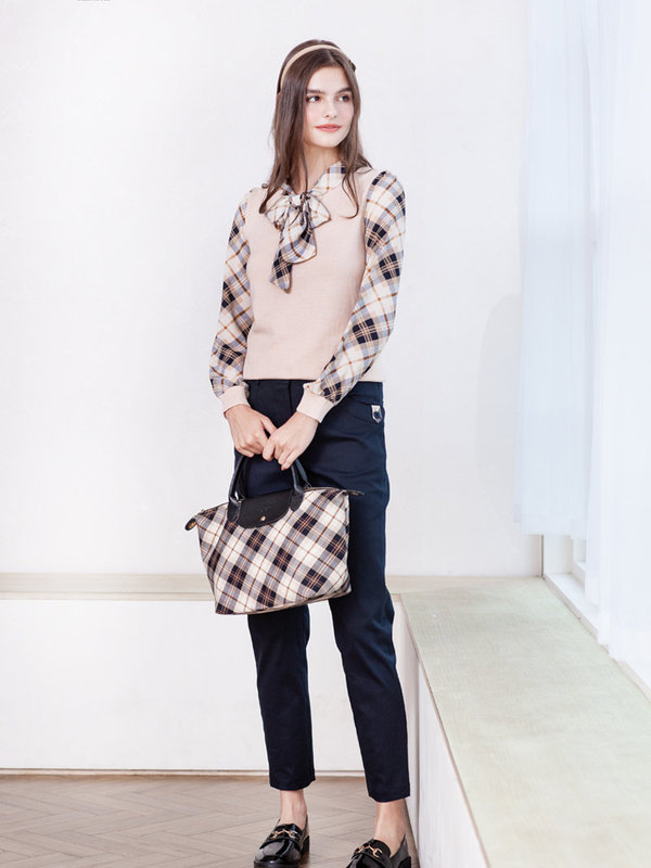 翻領蝴蝶結雪紡長袖針織上衣