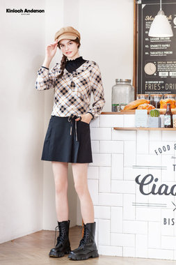 領久帶絲拼接格紋雪紡上衣-