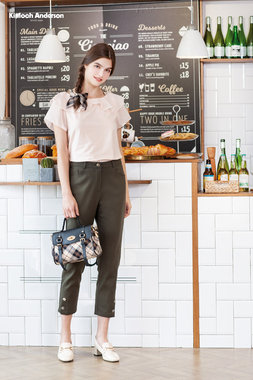 肩帶式雪紡波浪領短袖棉質上衣-