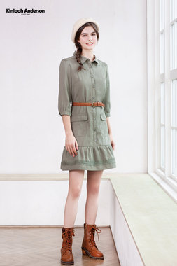 蕾絲拼接下擺襯衫洋裝-