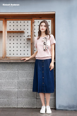 領口格布蝴蝶結五分袖棉質上衣-