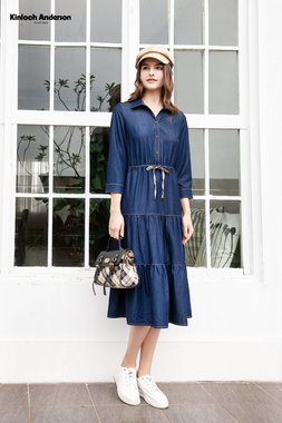 仿牛仔抽繩長洋裝-