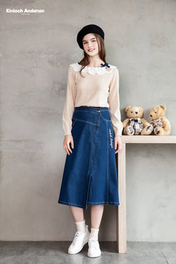 不對稱剪接牛仔長裙-