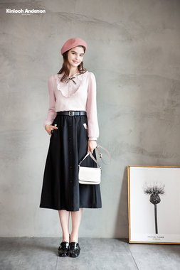 袖拼接點點網布長袖棉質上衣-