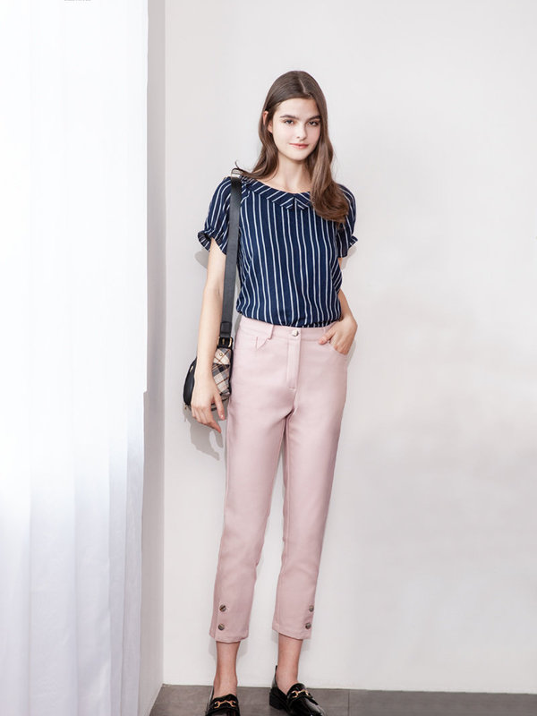 條紋袖抽久帶短袖上衣