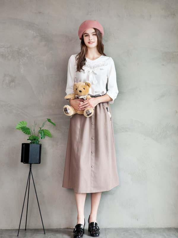 前蕾絲裝飾蝴蝶結七分袖棉質上衣